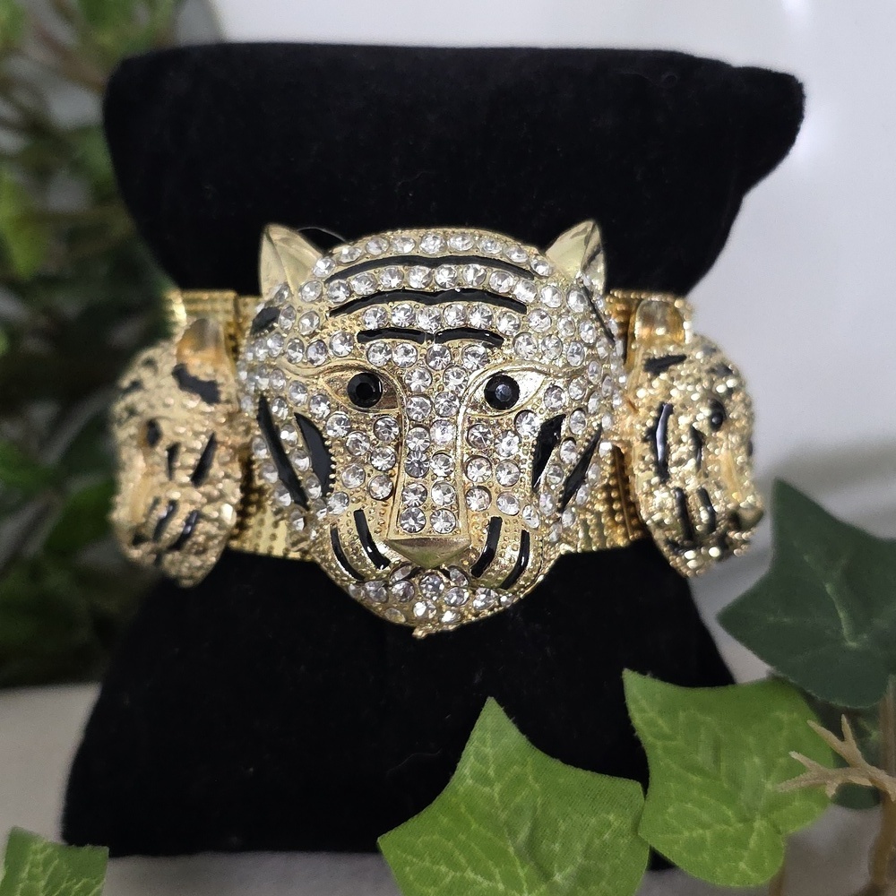 Statement Gold 3 Tiger Head Stretch Bracelet with Cubic Zirconia